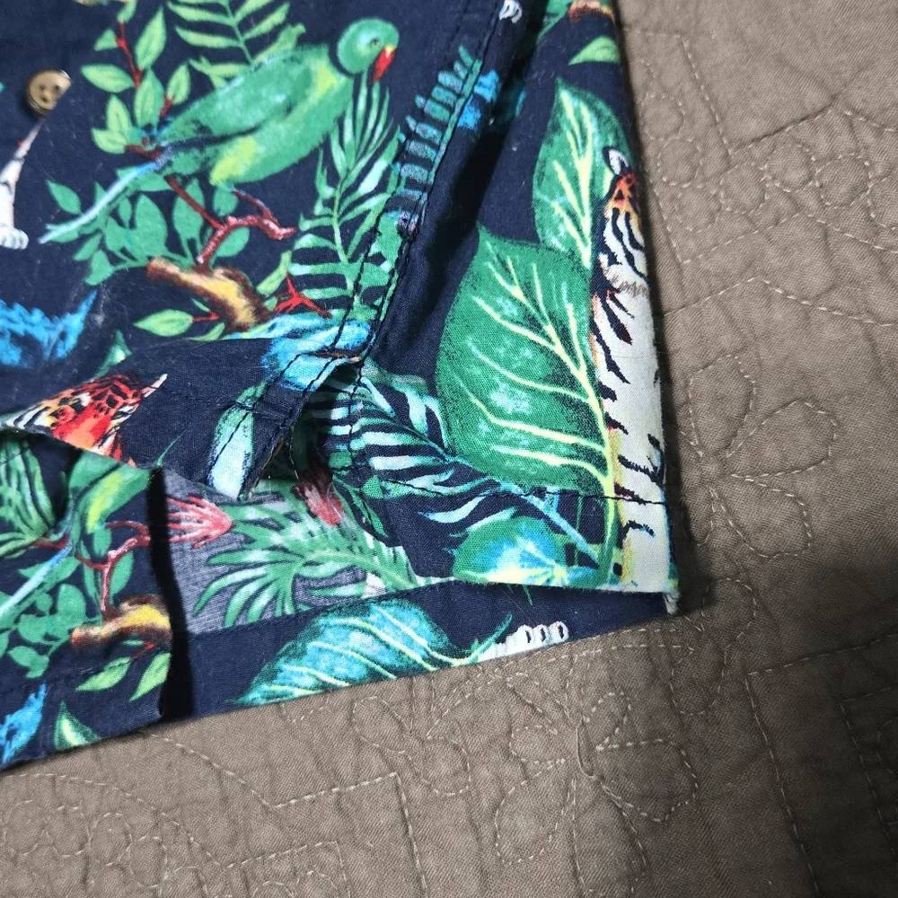 TCP toddler Hawaiian jungle animals button down shirt, tiger parrot crocodile 3T